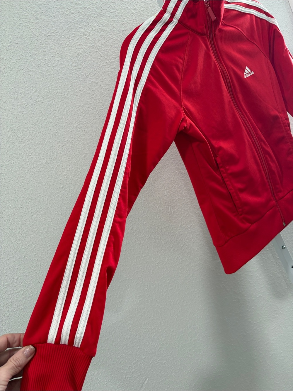 adidas Red Track Jacket with White Signature Stripes - Picture 5 of 6